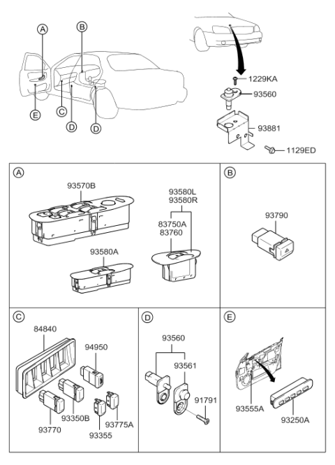 2003 Hyundai XG350 Power Window Main Switch Assembly Diagram for 93570-39100-OY