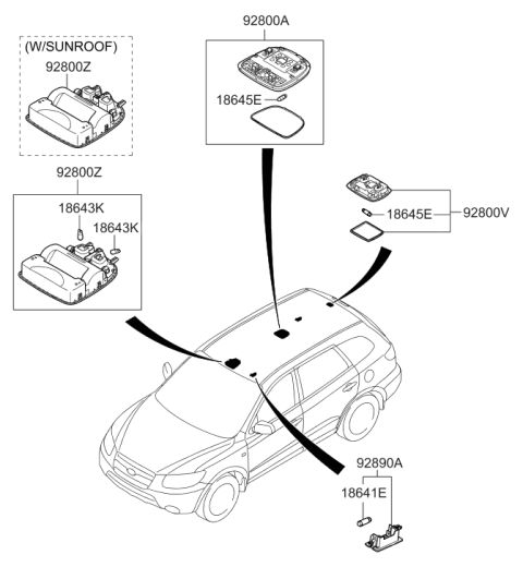 2006 Hyundai Santa Fe Overhead Console Lamp Assembly Diagram for 92800-2B100-J4