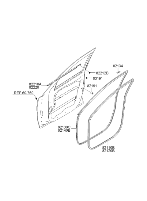 2006 Hyundai Santa Fe Front Door Body Side Weatherstrip Left Hand Diagram for 82110-2B000-J9