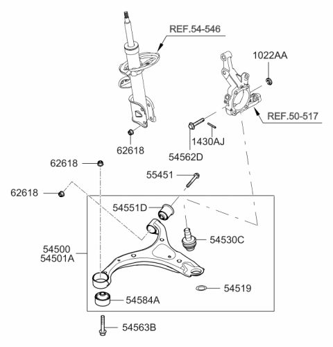 2006 Hyundai Santa Fe Front Lower Arm Complete Right Hand Diagram for 54501-2B100
