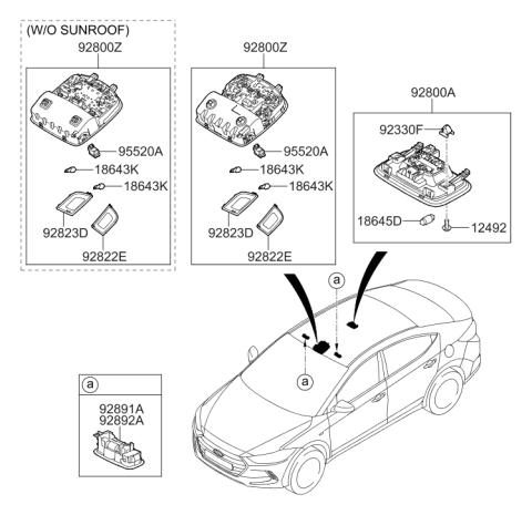 2016 Hyundai Elantra Overhead Console Lamp Assembly Diagram for 92810-F2250-XUG