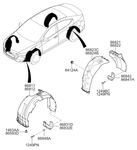 2017 Hyundai Elantra Right Front Wheel Guard Assembly Diagram for 86812-F2001