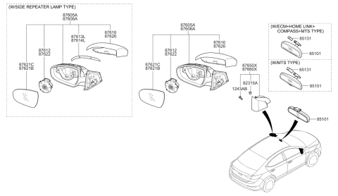 2018 Hyundai Elantra Outside Rear View Mirror Assembly Right Hand Diagram for 87620-F2290