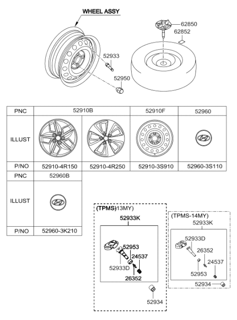 2013 Hyundai Sonata Hybrid Wheel Cap Assembly Diagram for 52910-3S910
