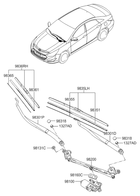 2012 Hyundai Sonata Hybrid Windshield Wiper Blade Passenger Diagram for 98360-3S000