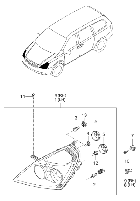 2006 Hyundai Entourage Left Headlamp Assembly Diagram for 92101-4J000
