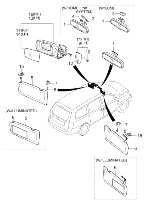 2006 Hyundai Entourage Rear View Inside Mirror Assembly Diagram for 85101-39500