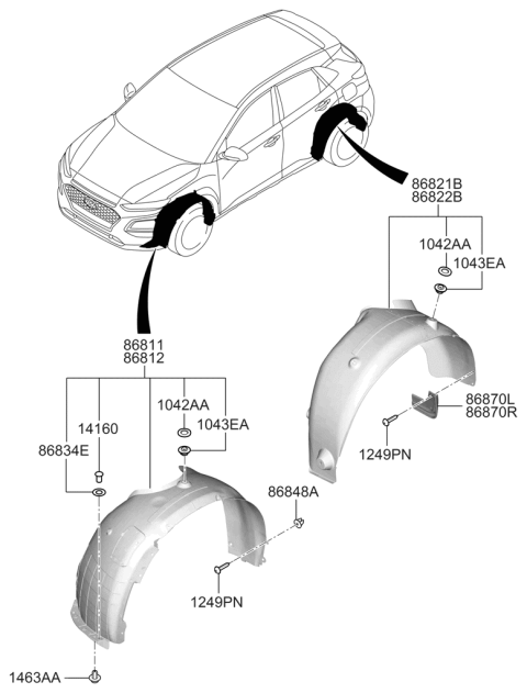 2019 Hyundai Kona Right Front Wheel Guard Assembly Diagram for 86812-J9000