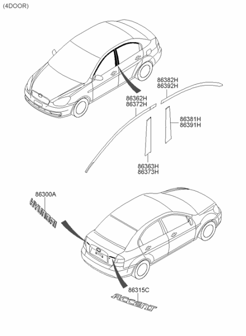 2011 Hyundai Accent Tape-Front Door Black Frame Upper,RH Diagram for 86372-1E201
