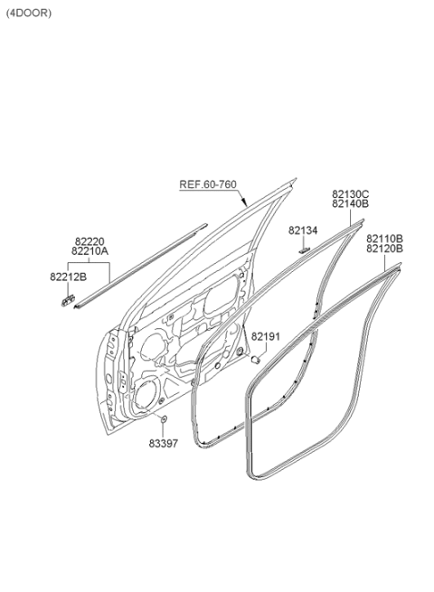 2011 Hyundai Accent Front Door Body Side Weatherstrip Right Hand Diagram for 82120-1E001