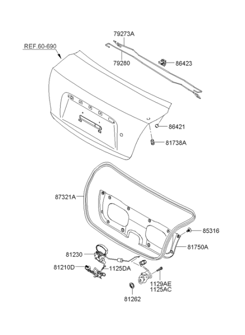 2007 Hyundai Accent Trunk Lid Latch Assembly Diagram for 81230-1E010
