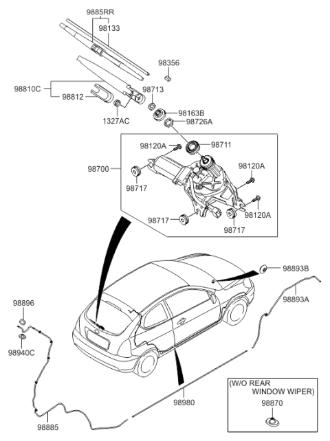 2006 Hyundai Accent Rear Wiper Motor & Linkage Assembly Diagram for 98700-1E000