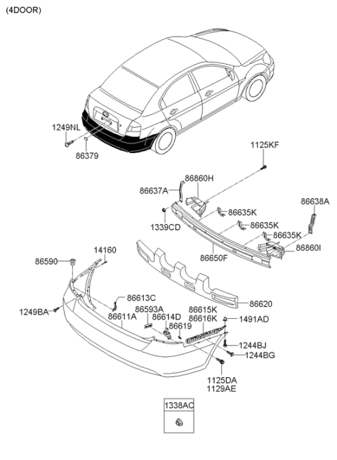 2006 Hyundai Accent Rear Bumper Cover Diagram for 86611-1E020