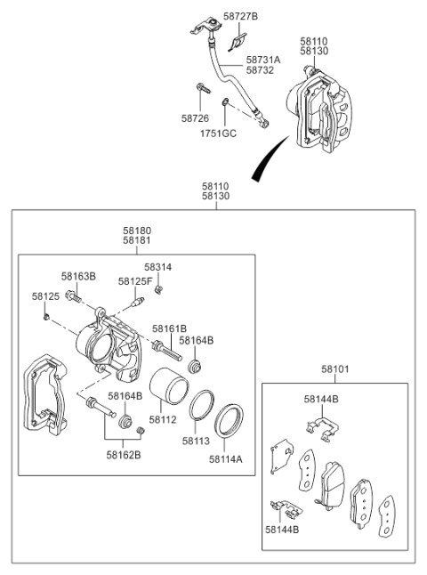 2011 Hyundai Santa Fe Front Brake Caliper Kit Right Hand Diagram for 58190-0WA10