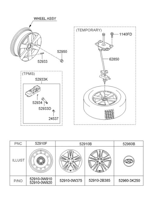 2012 Hyundai Santa Fe Wheel Rim 18 5-Double Spoke Design Diagram for 52910-2B385