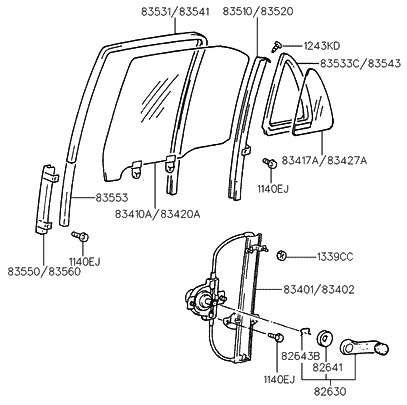 1995 Hyundai Accent Rear Door Window Reg & Glass