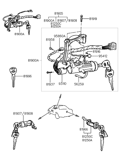 1998 Hyundai Accent Key & Cylinder Set
